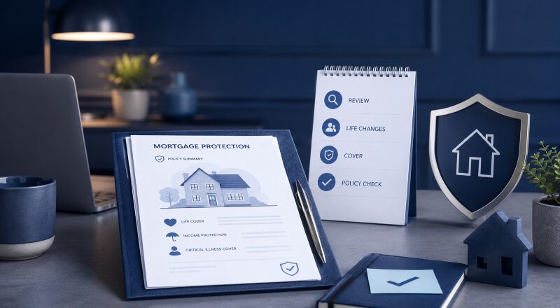 When to Review Mortgage Protection Insurance documents, policy checklist and home protection icons on a blue office desk.