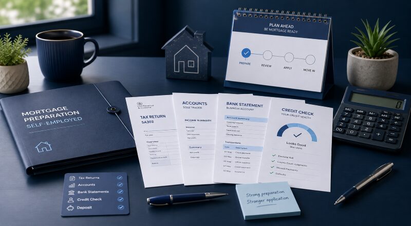 When to Prepare for a Self-Employed Mortgage, showing tax returns, accounts, bank statements, credit checks and a mortgage preparation timeline.