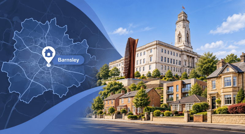 Mortgage Broker Barnsley location map with Barnsley Town Hall and a mix of residential properties in South Yorkshire.