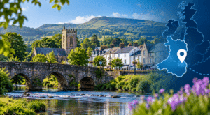 Mortgage Broker in Abergavenny location map with Abergavenny townscape and surrounding Monmouthshire countryside.