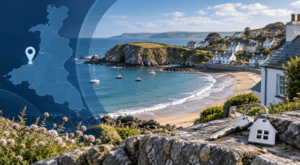 Mortgage Broker in Aberporth – coastal homes in Ceredigion with a location map pin and house keys.