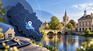 Mortgage Broker in Abingdon hero image showing an Oxfordshire location map pin, riverside townscape, bridge, and home-buying keys