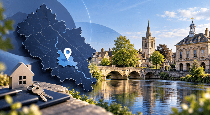 Mortgage Broker in Abingdon hero image showing an Oxfordshire location map pin, riverside townscape, bridge, and home-buying keys