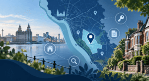 Mortgage Broker in Aigburth, Merseyside, with location map, property icons and local residential homes.