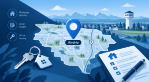 Mortgage Broker in Airdrie location map with home-buying icons, property keys and mortgage paperwork in Connect Experts blue branding.