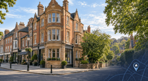 Mortgage Broker in Alderley Edge, illustrated by historic brick buildings, a leafy village street and a blue location pin.