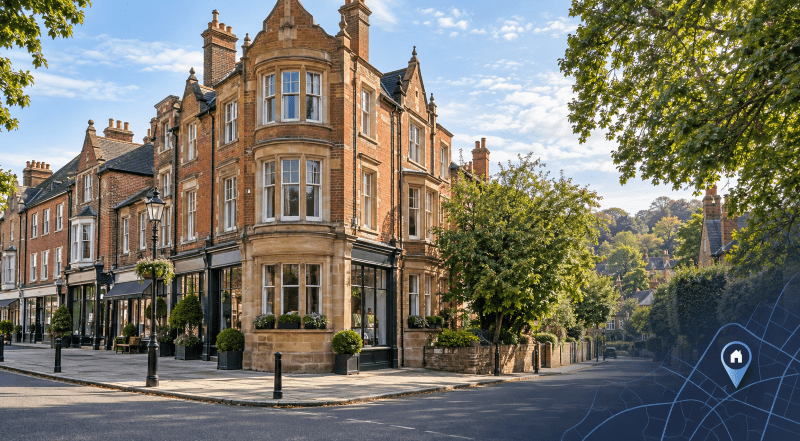 Mortgage Broker in Alderley Edge, illustrated by historic brick buildings, a leafy village street and a blue location pin.