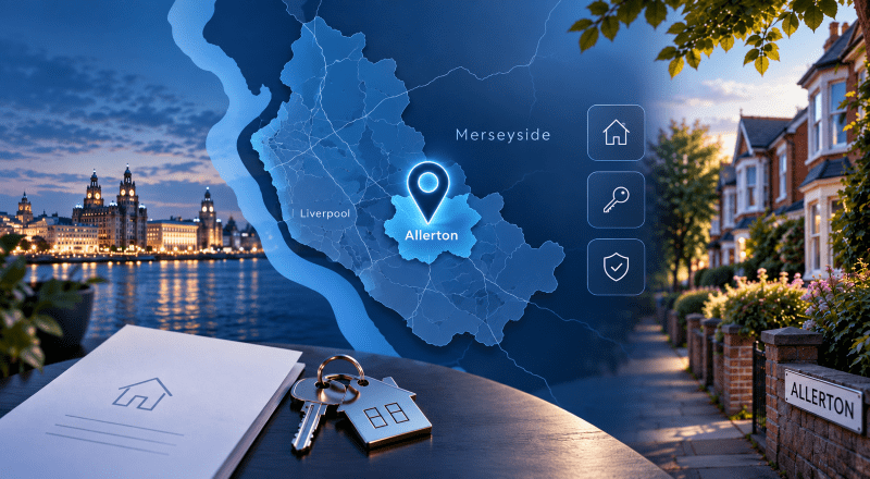 Mortgage Broker in Allerton, Merseyside location map with home, key and mortgage icons in Connect Experts brand colours.