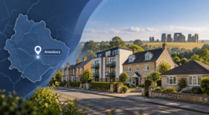 Mortgage Broker in Amesbury hero image showing an Amesbury location pin on a map, a street with mixed property types, and Stonehenge in the background in Connect’s dark and light blue branded style.