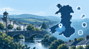 Mortgage Broker in Ammanford location map with Welsh town, homes and mortgage-related icons.