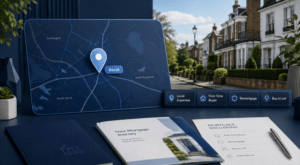 Mortgage Broker in Ascot location map highlighting local mortgage expertise, with Ascot homes and mortgage-related icons in Connect Experts blue branding.