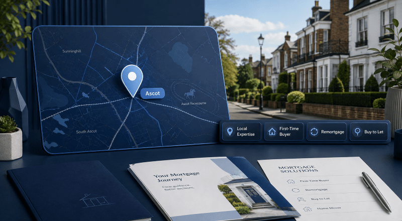 Mortgage Broker in Ascot location map highlighting local mortgage expertise, with Ascot homes and mortgage-related icons in Connect Experts blue branding.