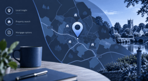 Mortgage Broker in Aspley Guise location map with property icons and local mortgage search graphics.