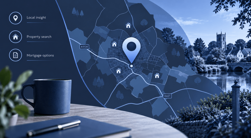 Mortgage Broker in Aspley Guise location map with property icons and local mortgage search graphics.
