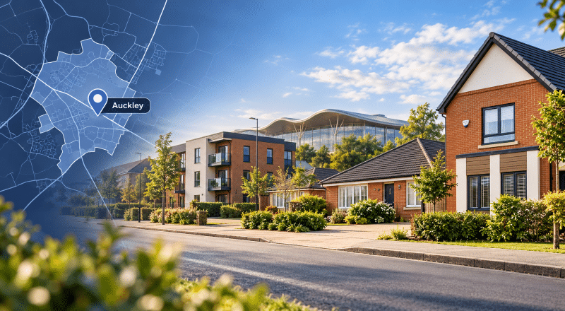 Mortgage Broker in Auckley location map with a South Yorkshire residential streetscape featuring modern houses, flats and bungalows.