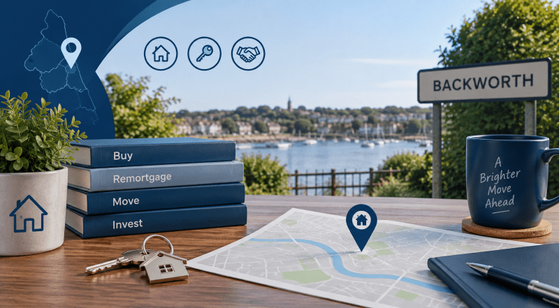 Mortgage Broker in Backworth hero image featuring a location map pin, property-themed desk items, house keys, and a local Backworth setting in dark and light blue branded colours.