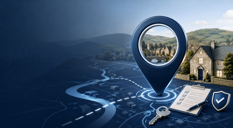 Mortgage Broker in Bakewell location map with property, key and mortgage approval icons in a Peak District setting.
