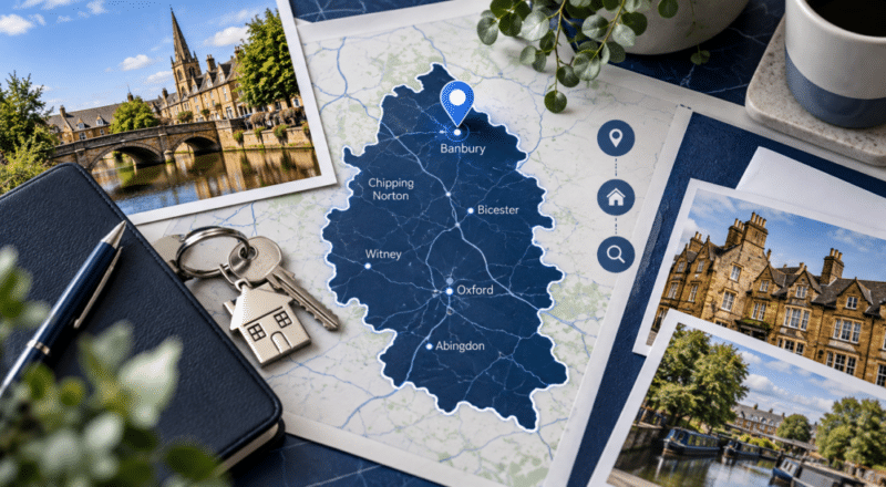 Mortgage Broker in Banbury hero image showing a styled desk scene with an Oxfordshire map highlighting Banbury, property keys, notebook, and local landmark photos in dark and light blue branded colours.