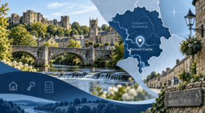 Mortgage Broker in Barnard Castle with County Durham map, location pin, historic castle, River Tees and local property icons.