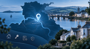 Mortgage Broker in Barnstaple location map with North Devon homes, river scenery and mortgage-related icons.