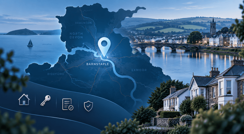 Mortgage Broker in Barnstaple location map with North Devon homes, river scenery and mortgage-related icons.