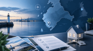 Mortgage Broker in Barrow-in-Furness with Cumbria location map, coastal property imagery and home-buying icons