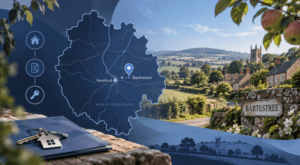 Mortgage Broker in Bartestree location map showing Herefordshire countryside, village homes, property keys and a location marker for Bartestree.