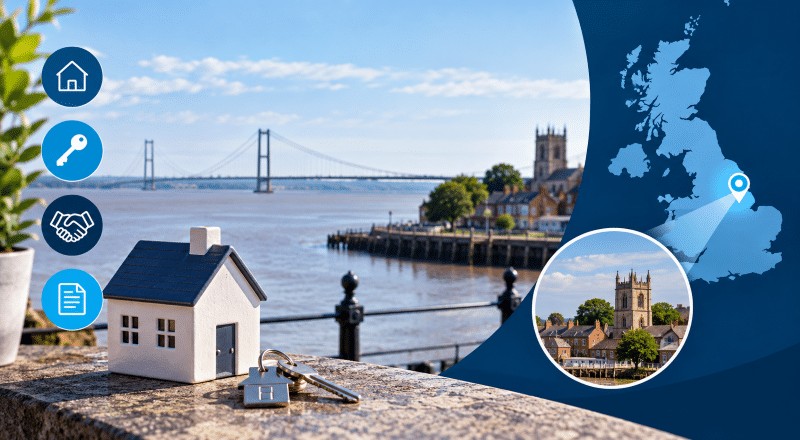 Mortgage Broker in Barton-upon-Humber location image featuring the Humber waterfront, Humber Bridge, property keys, house icon and map marker.