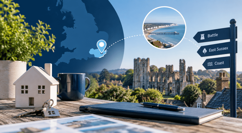 Mortgage Broker in Battle hero image showing a property-themed scene with house keys, a model home, a location map pin and Battle, East Sussex landmarks in Connect brand colours.