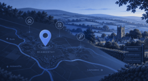 Mortgage Broker in Beaworthy location map with property, document and key icons over a rural Devon village scene.