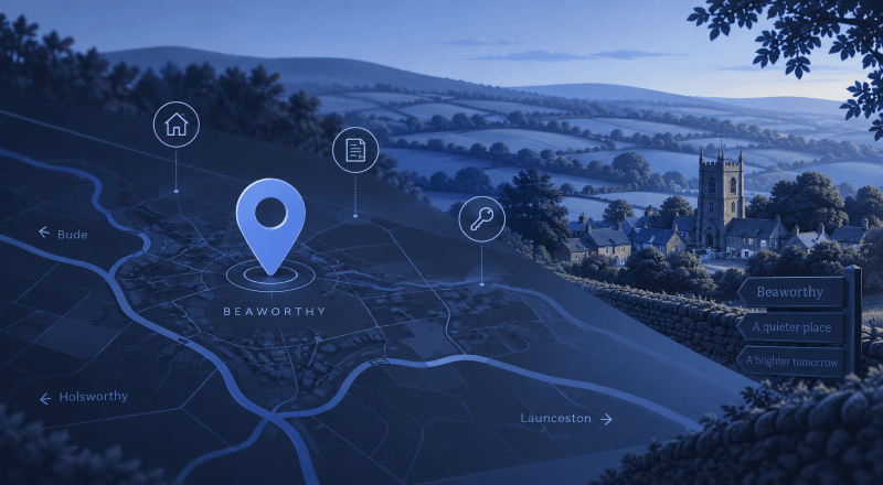 Mortgage Broker in Beaworthy location map with property, document and key icons over a rural Devon village scene.