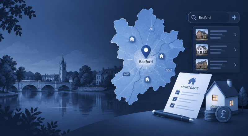 Mortgage Broker in Bedford location map with property, mortgage document and home search icons.