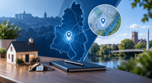 Mortgage Broker in Beeston location map with property, house keys and Nottinghamshire-inspired landmarks.