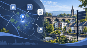 Mortgage Broker in Bellshill location map with property, search, key and mortgage document icons in Connect Experts branding.