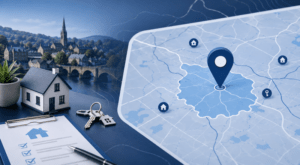 Mortgage Broker in Belper location map with property, house keys and mortgage document icons in Connect Experts blue branding.