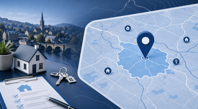 Mortgage Broker in Belper location map with property, house keys and mortgage document icons in Connect Experts blue branding.
