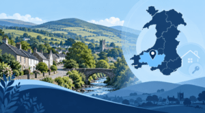 Mortgage Broker in Betws with Carmarthenshire location map, Welsh countryside and property icons