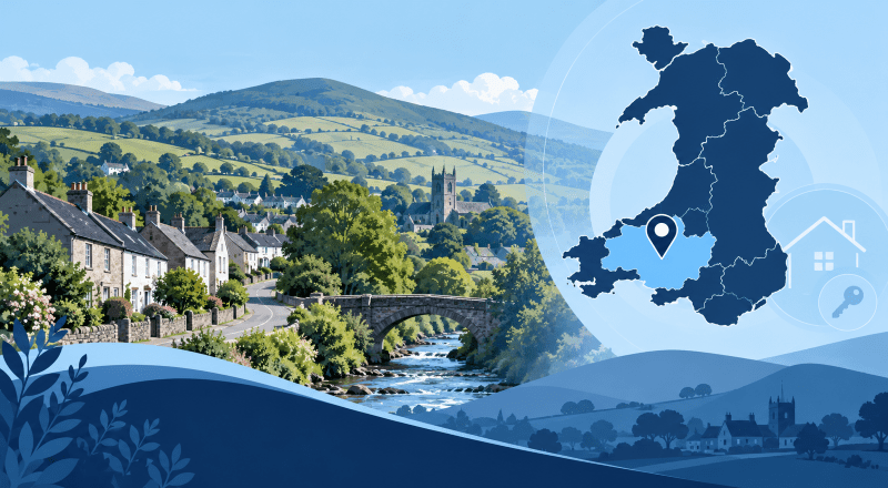 Mortgage Broker in Betws with Carmarthenshire location map, Welsh countryside and property icons