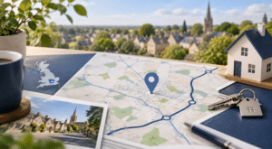 Mortgage Broker in Bicester hero image showing a Bicester location map in Oxfordshire, with a home model, keys and a local town backdrop.