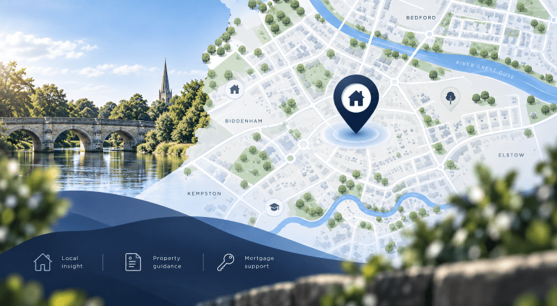 Mortgage Broker in Biddenham Turn location map with property, home and mortgage guidance icons.