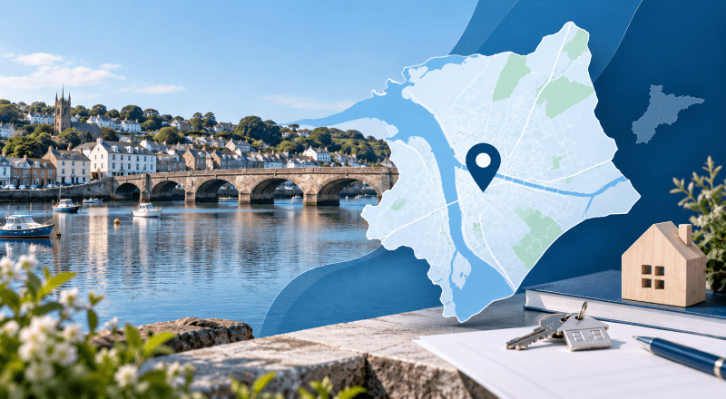 Mortgage Broker in Bideford location map with riverside homes, bridge, property keys and house icon.