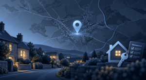 Mortgage Broker in Bilston hero image showing a glowing map pin over Bilston with housing and mortgage-themed icons in dark blue and light blue branded colours.