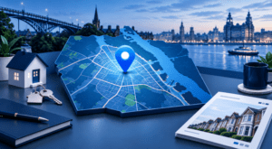 Mortgage Broker in Birkenhead location map with property, house keys and Merseyside waterfront imagery.