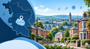 Mortgage Broker in Blackburn location map highlighting Blackburn in Lancashire with local residential property imagery.