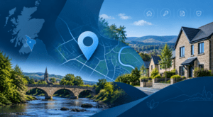 Mortgage Broker in Blantyre location map with Scottish homes and property icons in Connect Experts branding.