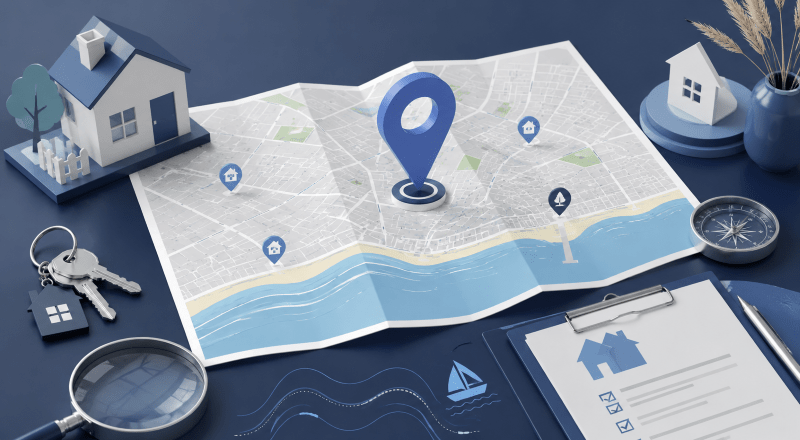 Mortgage Broker in Bognor Regis location map with property icons, house keys and coastal details in Connect Experts brand colours.