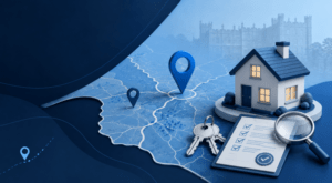 Mortgage Broker in Bolsover – location map with property, keys and mortgage document icons in Connect Experts dark blue and light blue branding.