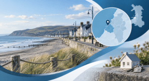 Mortgage Broker in Borth, Ceredigion, with a coastal property scene, location map and home-buying icons in Connect Experts brand colours.