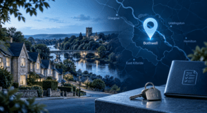 Mortgage Broker in Bothwell location map with residential homes, property keys and mortgage document icons in blue branding.
