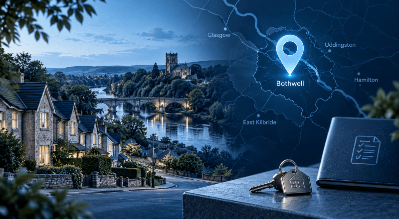 Mortgage Broker in Bothwell location map with residential homes, property keys and mortgage document icons in blue branding.